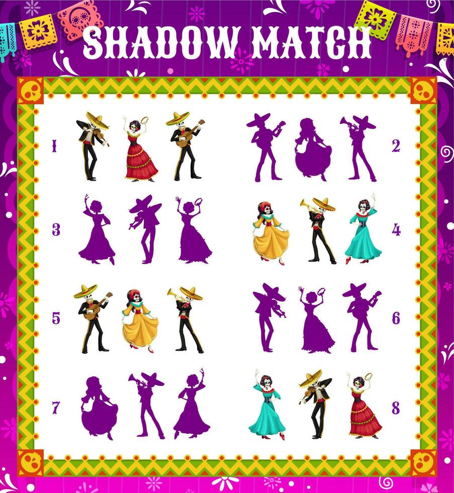 Dia de los Muertos shadow match game, kids puzzle vector