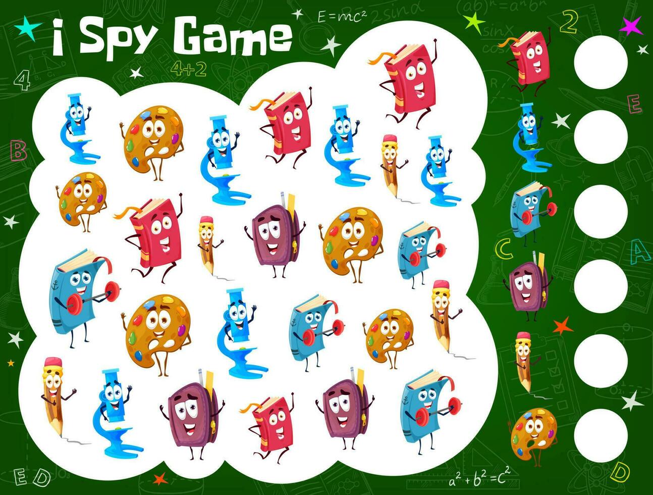 Kids spy game worksheet with cartoon school books vector