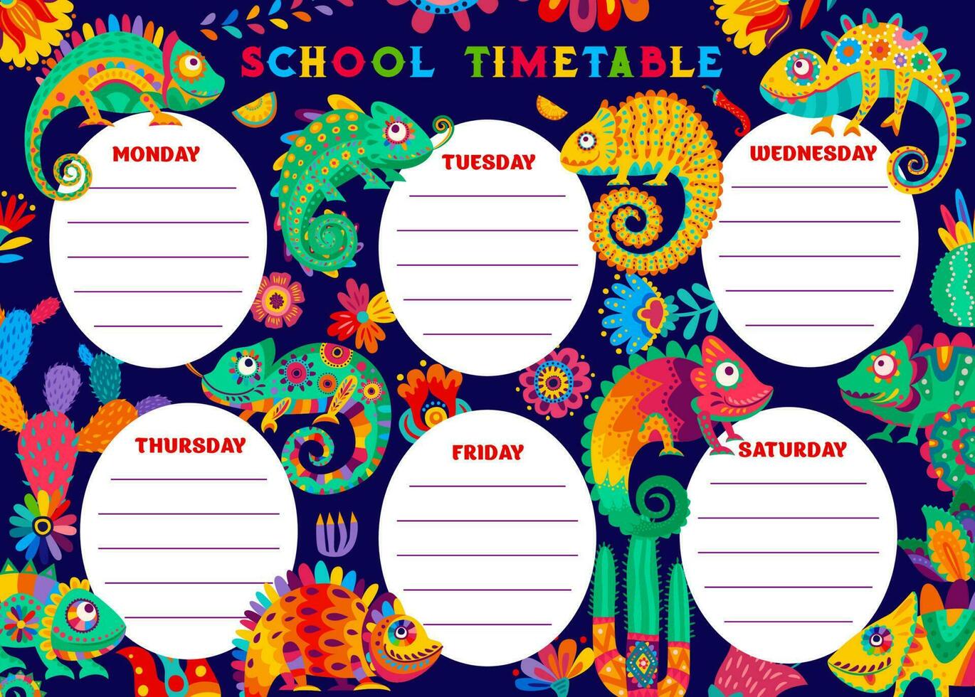 Education timetable schedule with chameleon, cacti vector