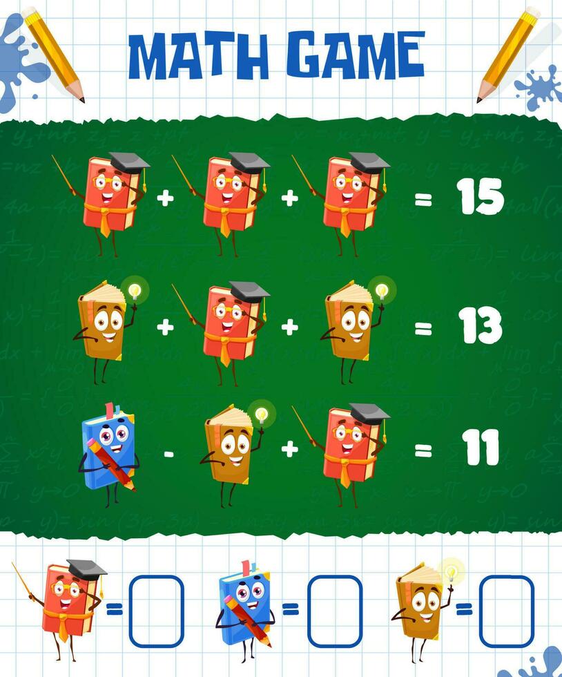 Math game worksheet, school textbooks and books vector