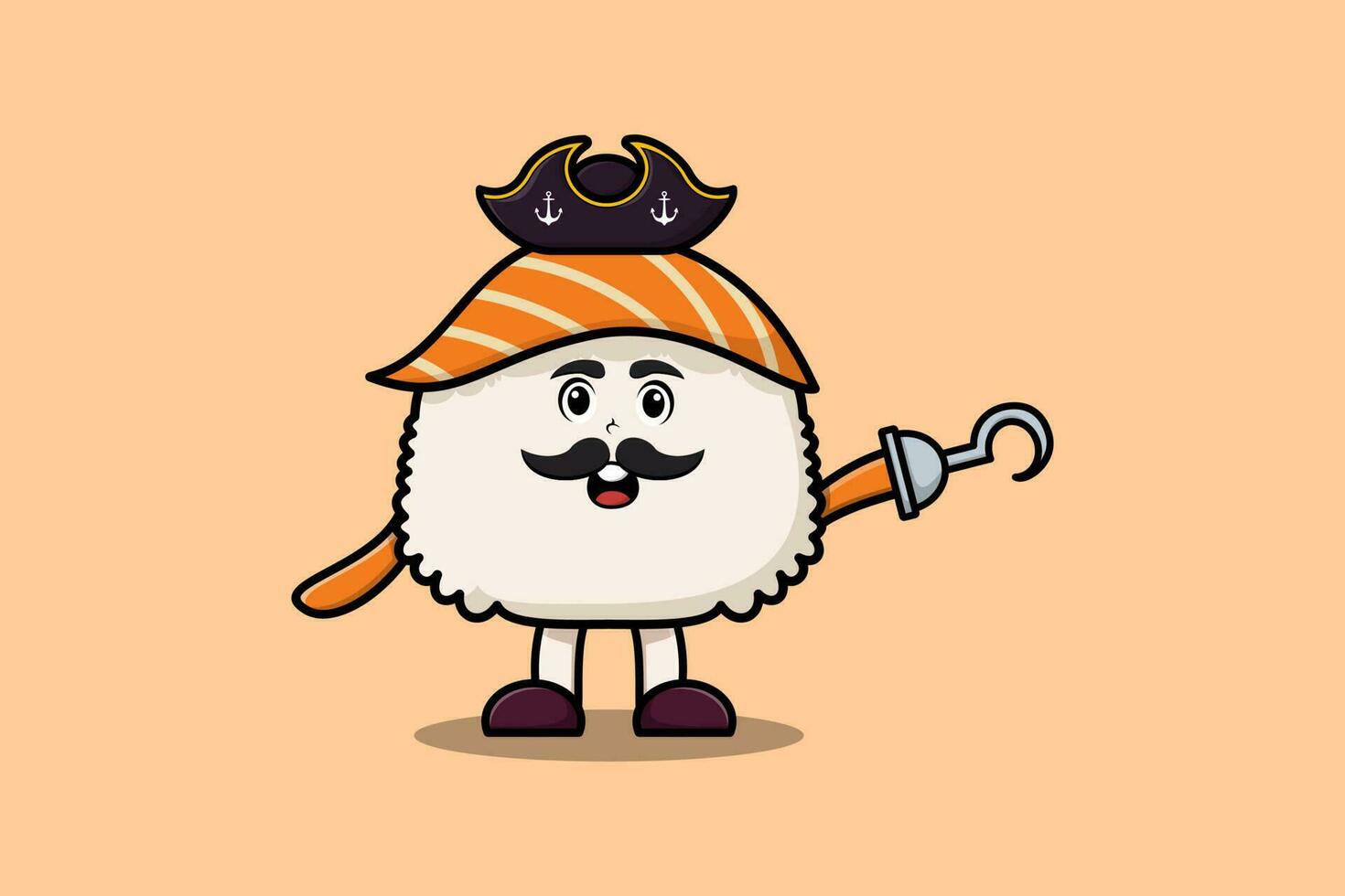 lindo sushi pirata de dibujos animados con mano de gancho vector