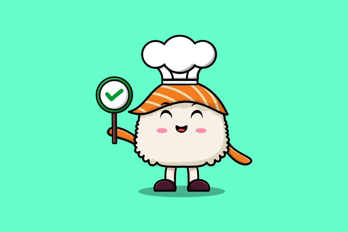 linda dibujos animados Sushi cocinero participación correcto firmar tablero vector