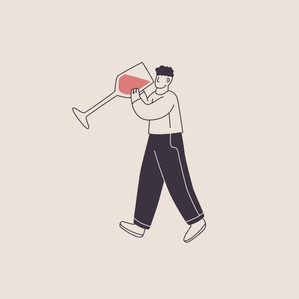 un hombre bebidas vino desde un enorme vaso. linda personaje en de moda estilo. vector aislado ilustración para vino tema diseño.