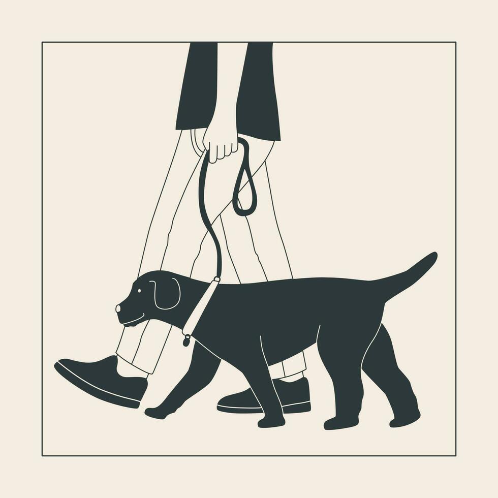 Man with big dog on leash. Dog show or dog walking in city or in park. Vector flat contour graphics.
