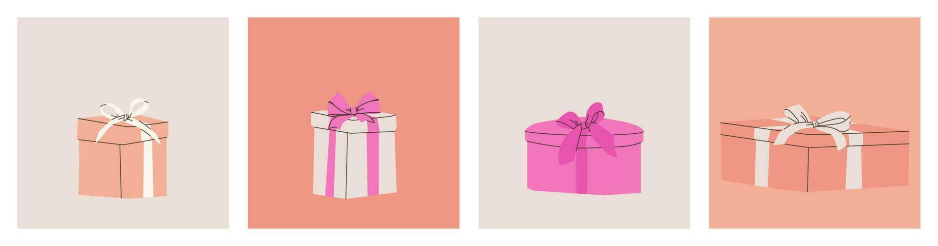 conjunto de varios regalo cajas con arcos vector plano aislado ilustración para diseño. rosa, beige y blanco colores.