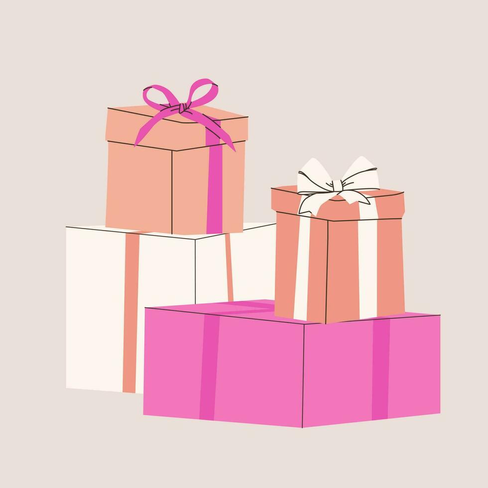 Composition of various gift boxes with bows. Vector flat isolated illustration for design. Pink, beige and white colors.