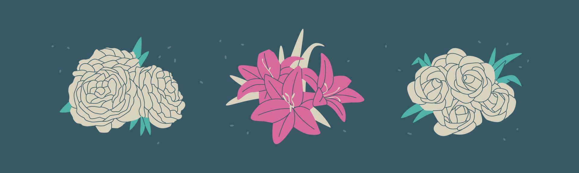 conjunto de Tres flor ramos de flores - rosas, lirios y peonias sencillo vector aislado ilustración para diseño.