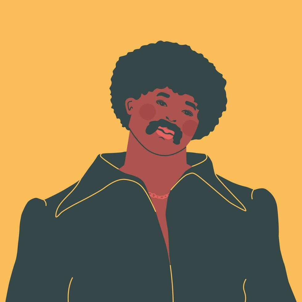 Moda y estilo de el años 70 hermoso afro joven hombre en un Clásico mirar. vector Moda ilustración.