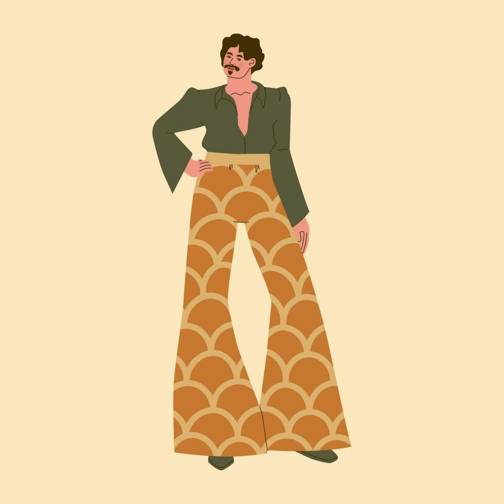 Fashion and style of the 70s. Cute young man in wide flared pants, a blouse with wide sleeves. Vector trendy illustration.
