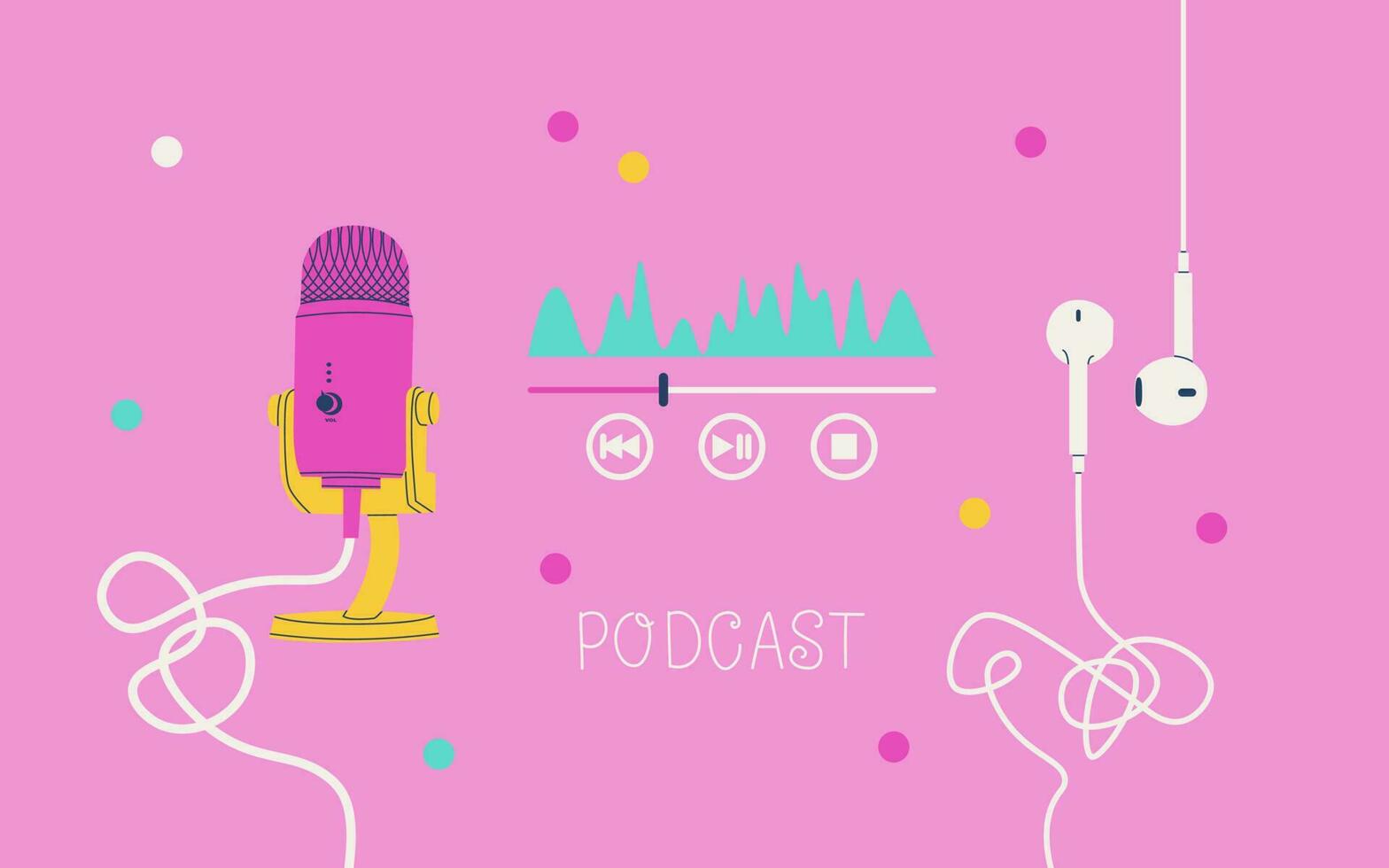 Cool purple cover or banner for a podcast channel. Studio microphone, audio player equalizer and wired headphones. Vector EPS 10.