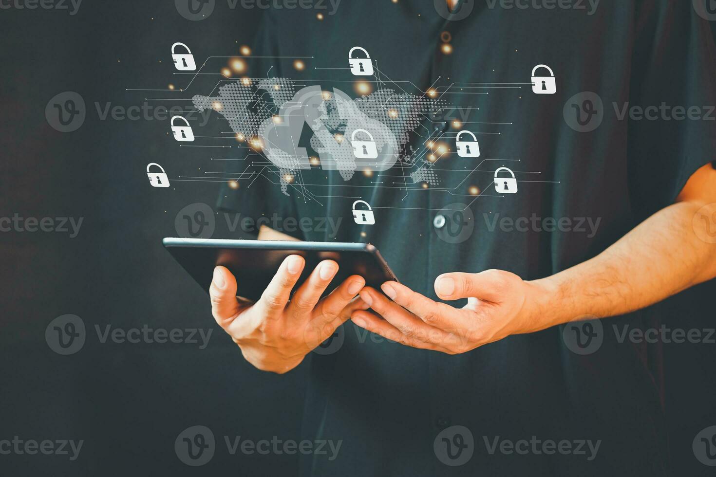 Cybersecurity and privacy concepts to protect data. Lock icon and internet network security technology. Internet and technology concept on virtual screen. Man touching on lock icon. photo