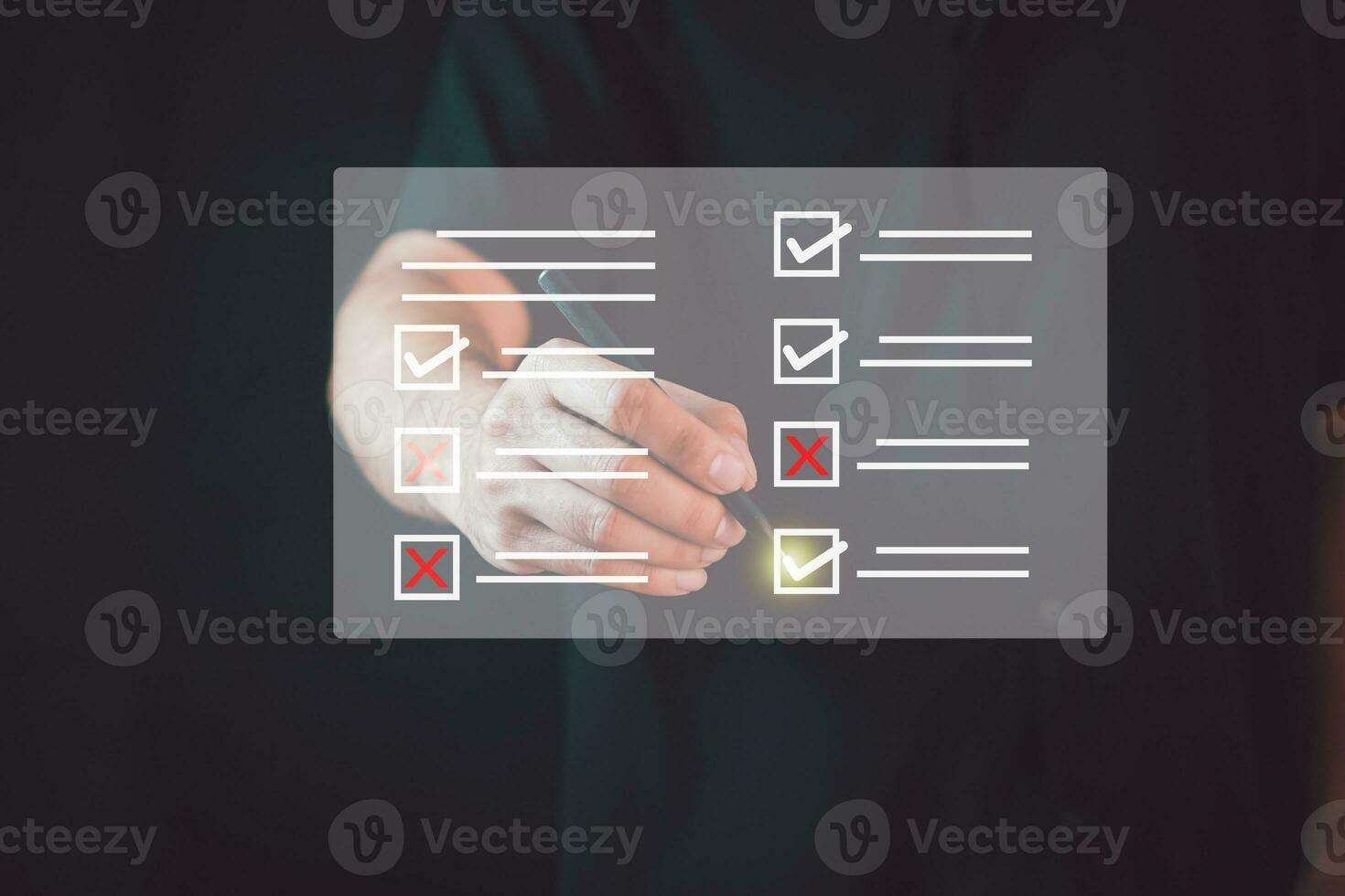 Businessman Take an assessment, questionnaire, evaluation, online survey, online exam Choosing the right answer in the exam. photo