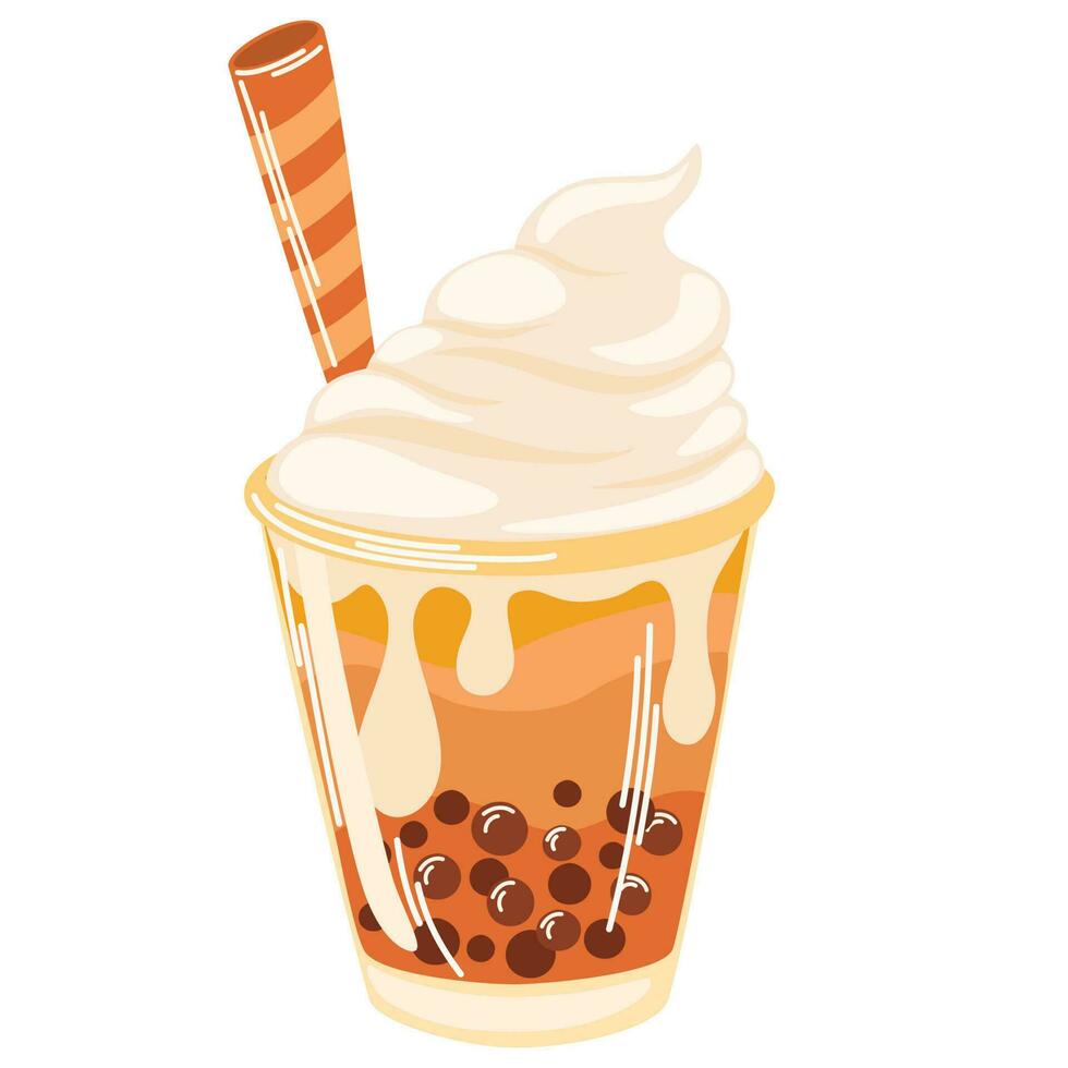 Bubble milk tea with tapioca pearls. Summer drink with the addition of tapioca liquid with cream and a straw. Boba milk tea, Pearl milk tea and yummy drink. Flat Vector Illustration