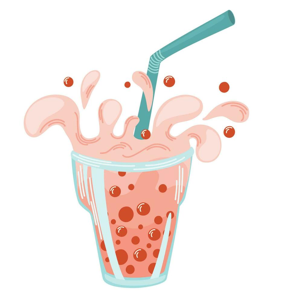 Refreshing summer drink. Bubble tea with a straw and drops. Ideal for printing, cafes, menus and restaurants. Cartoon Vector Illustration