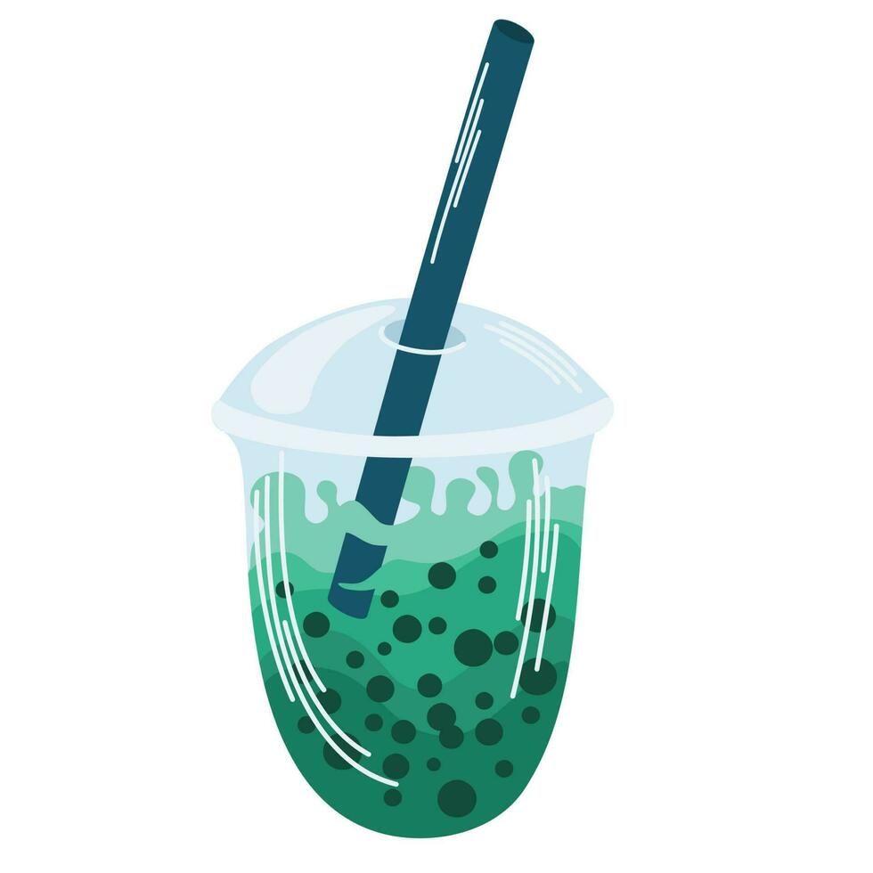 Bubble Tea. Matcha latte.  Pearl Milk Tea, Boba Yummy Beverages in Glass or Plastic Cups with Straw, Graphic Design. Flat Vector Illustration Isolate
