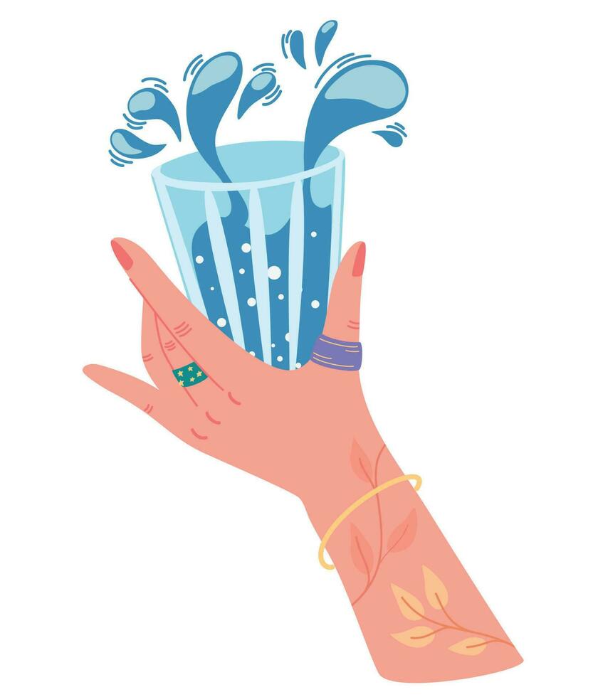 Hand holding a glass of water. Concept drink more water. Maintain water balance.  Isolated flat vector illustration on white background
