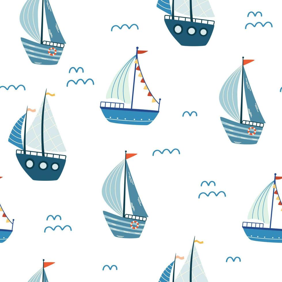 Seamless pattern with sailing boats. Cute marine pattern for fabric, children clothing, background, textiles, wrapping paper and other decorations. Marine background. Vector illustration