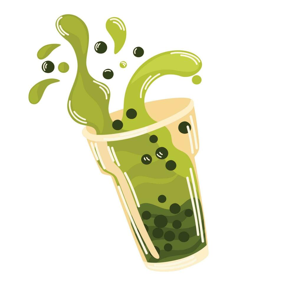 Bubble tea. Milk tea with tapioca pearls. Bean tea. Asian Taiwanese drink. Refreshing summer drink. Cartoon Vector Illustration