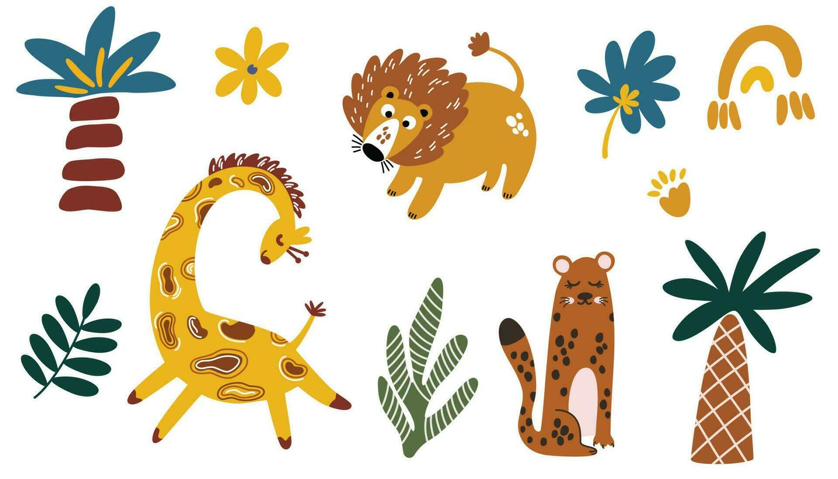 Cartoon safari animals set. Giraffe, tiger, leopard, palm trees, leaves and flowers. Tropics and jungles. Scandinavian elements. Vector illustration for printing on fabric, packaging paper.