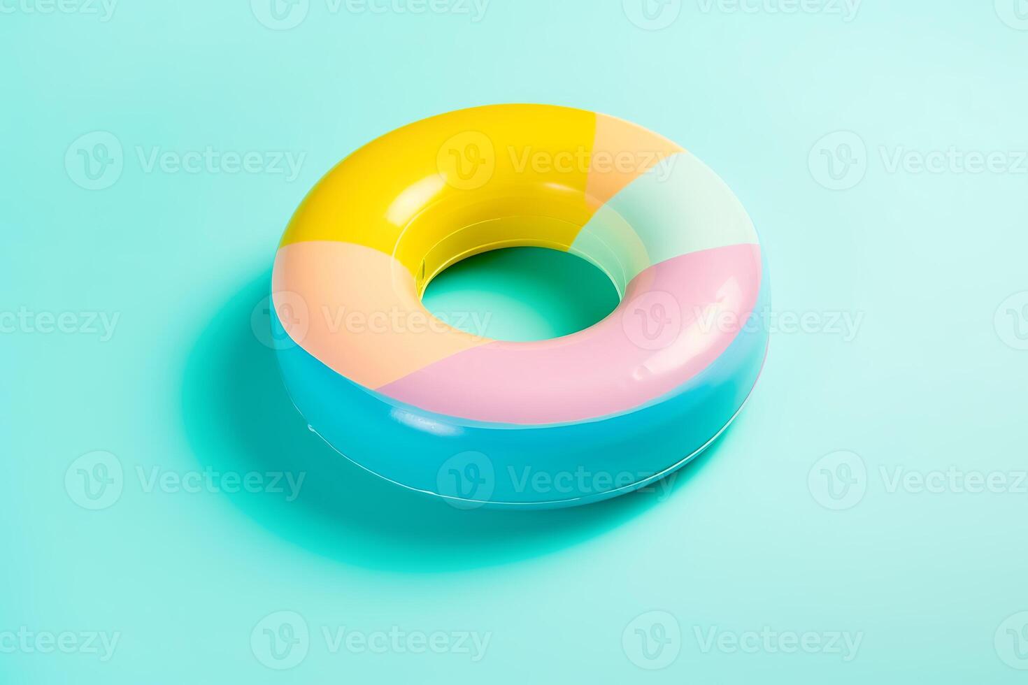 Inflatable pink and yellow ring floating on blue background. illustration photo