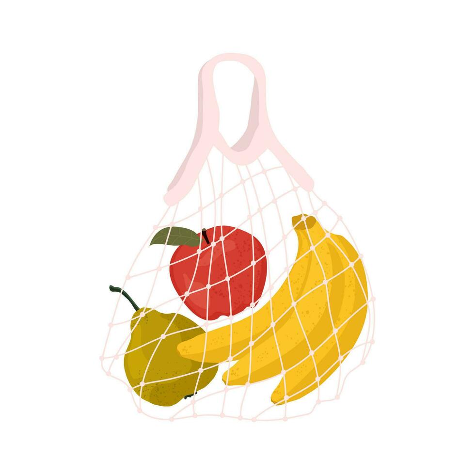 Respetuoso del medio ambiente compras malla pantalones con varios verduras, rojo pimienta y berenjena. varios cosas desde el local mercado. de colores vector ilustración. dibujos animados estilo. cero desperdiciar, el plastico gratis concepto