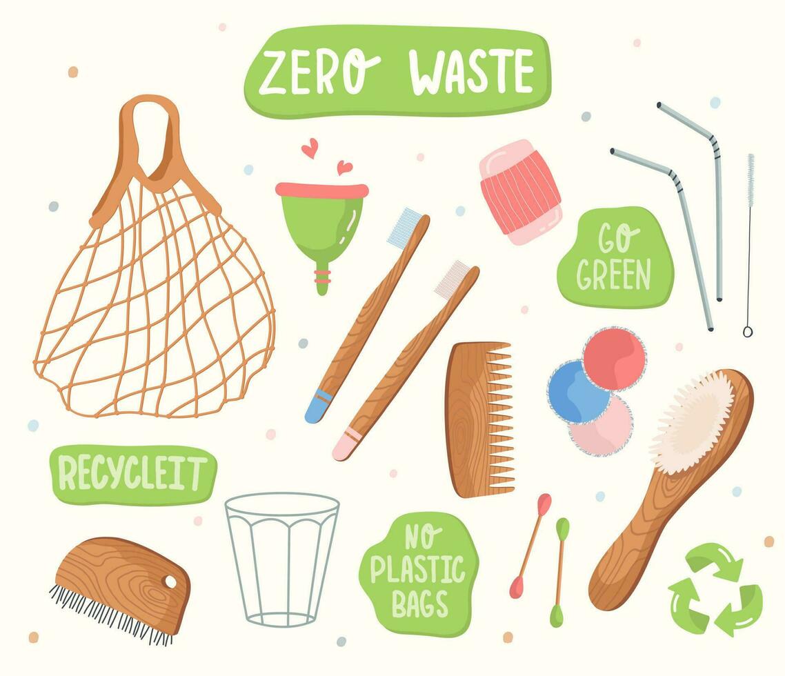 Zero waste collection. A set of recyclable wooden items for personal care. Cloth bag, wooden toothbrush, hairbrush, menstrual cup. Flat vector illustration. Stock graphics.