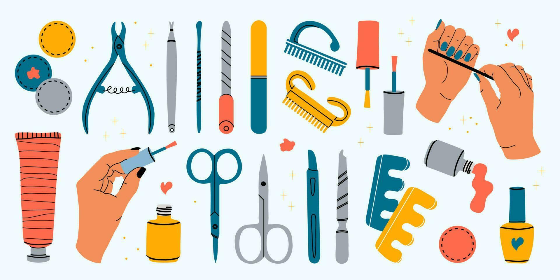 Vector set of manicure tools. Various manicure accessories. Female hands of a master. Nail scissors, nail file, tweezers, nail polish, hand cream, polish remover, brush etc. Hand-drawn style.