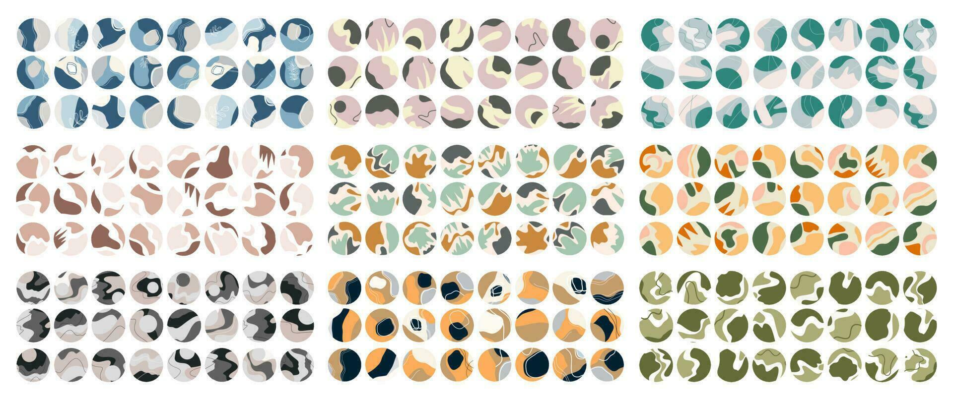 Big set of different vector highlights covers. Abstract backgrounds. Various shapes, lines, spots, dots, scribbles. Drawn templates. Round badges for social media stories.