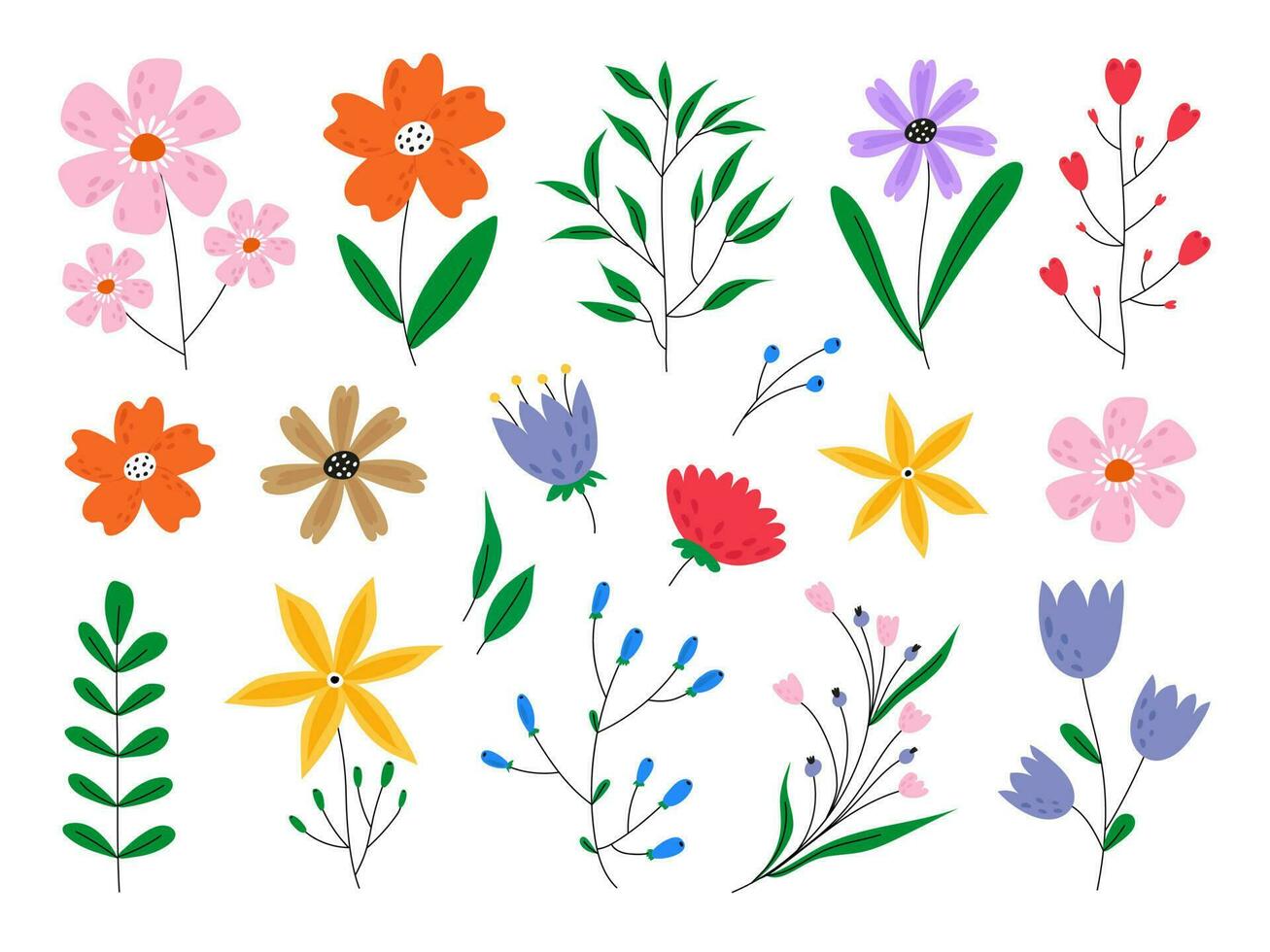 Leaf and flower floral ornament template. Vector set of nerd elements with circles of different colors on an isolated background. Tropical plants, leaves and branches with flowers. Hand drawn style.