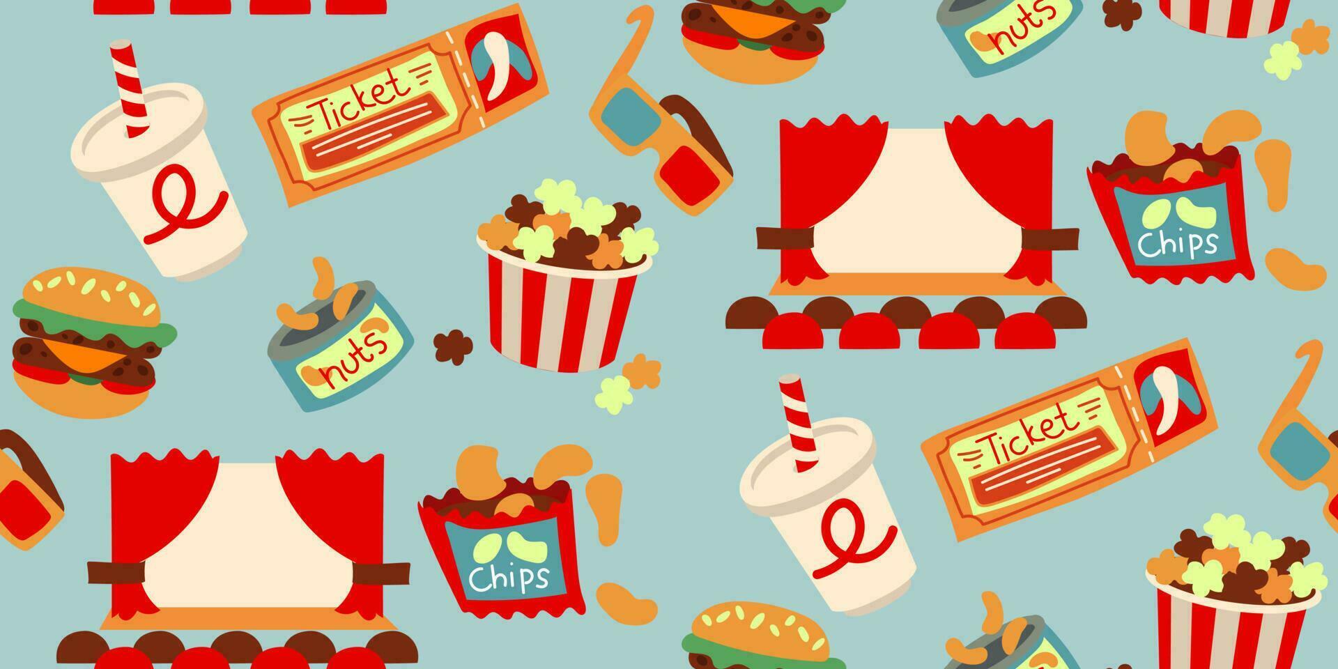 A pattern of retro movie elements. Screen, popcorn, 3d glasses, ticket, soda, nuts, chips, hamburger in cartoon style. Cinematic junk food while watching a movie. Printing on textiles and paper vector