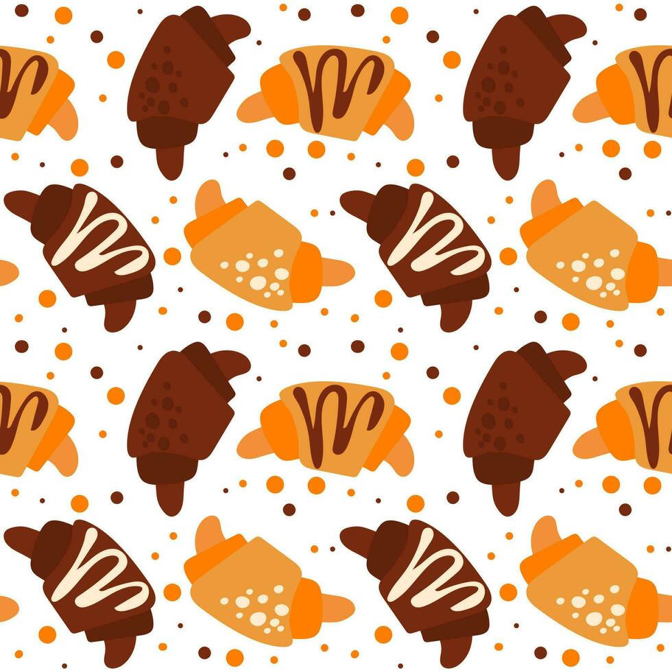 The design with a croissant pattern is plain and chocolate with dots and lines. Baking background with croissant and spots. Seamless pattern with colored croissants and decor on a white background vector