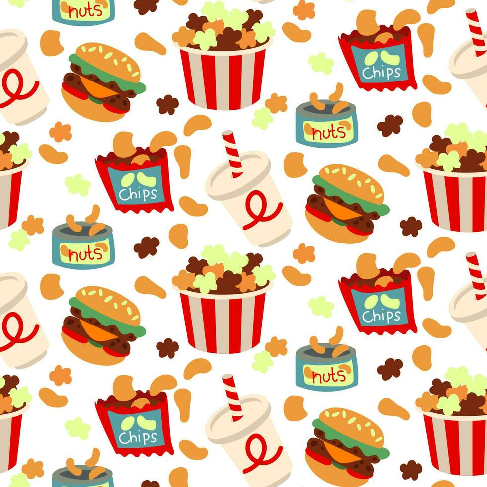 A pattern of products for watching movies. All elements of a fast food cinema for watching a movie. Popcorn, soda, nuts, chips, hamburger in cartoon style. Printing on textiles and paper. Packaging vector