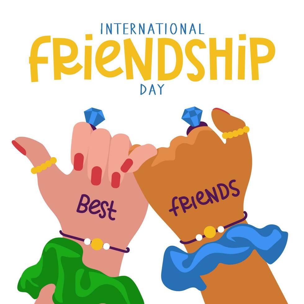 International Friendship Day. Two friends with the same jewelry, holding hands, demonstrate unity and teamwork. People hold hands with fingers with the inscription best friends. Flat design, vector