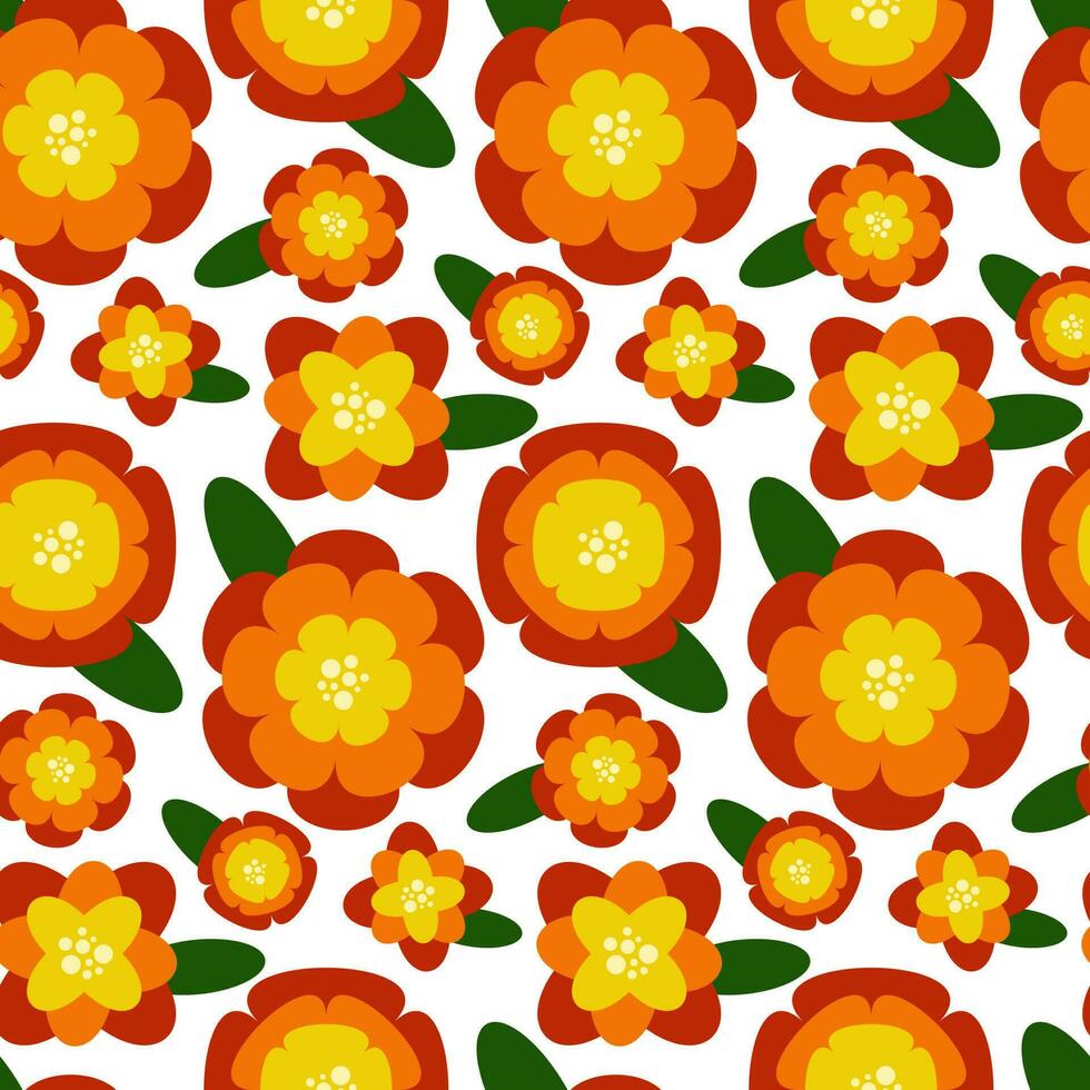 Simple floral pattern of symmetrical flowers. Vector seamless texture with symmetrical colors and geometric shapes. Colorful retro-style ornament with yellow-orange large and small flowers on a white