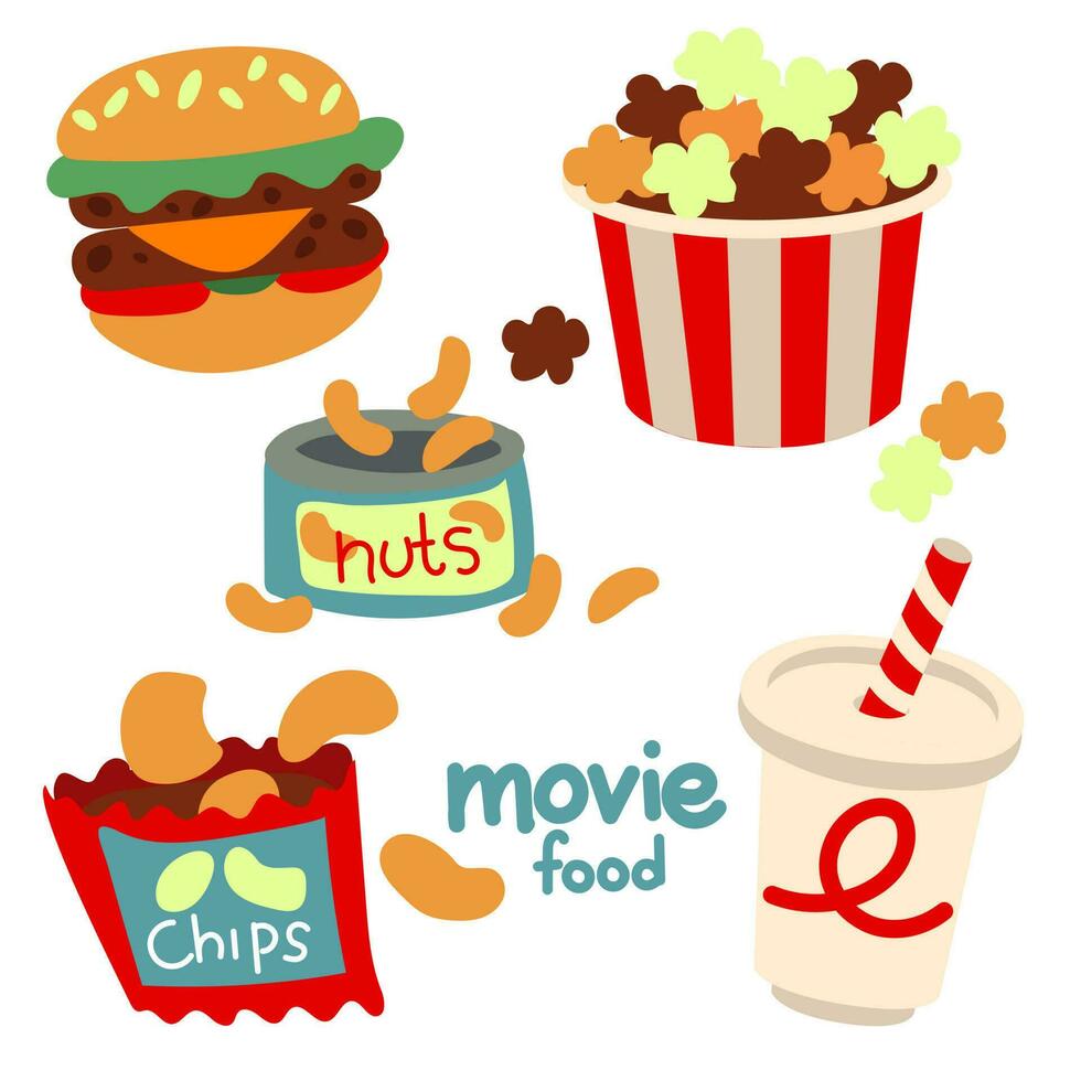 A set of food for watching movies. All elements of a fast food cinema for watching a movie. Popcorn, soda, nuts, chips, hamburger in cartoon style. Cute flat-style drawings on a white background vector