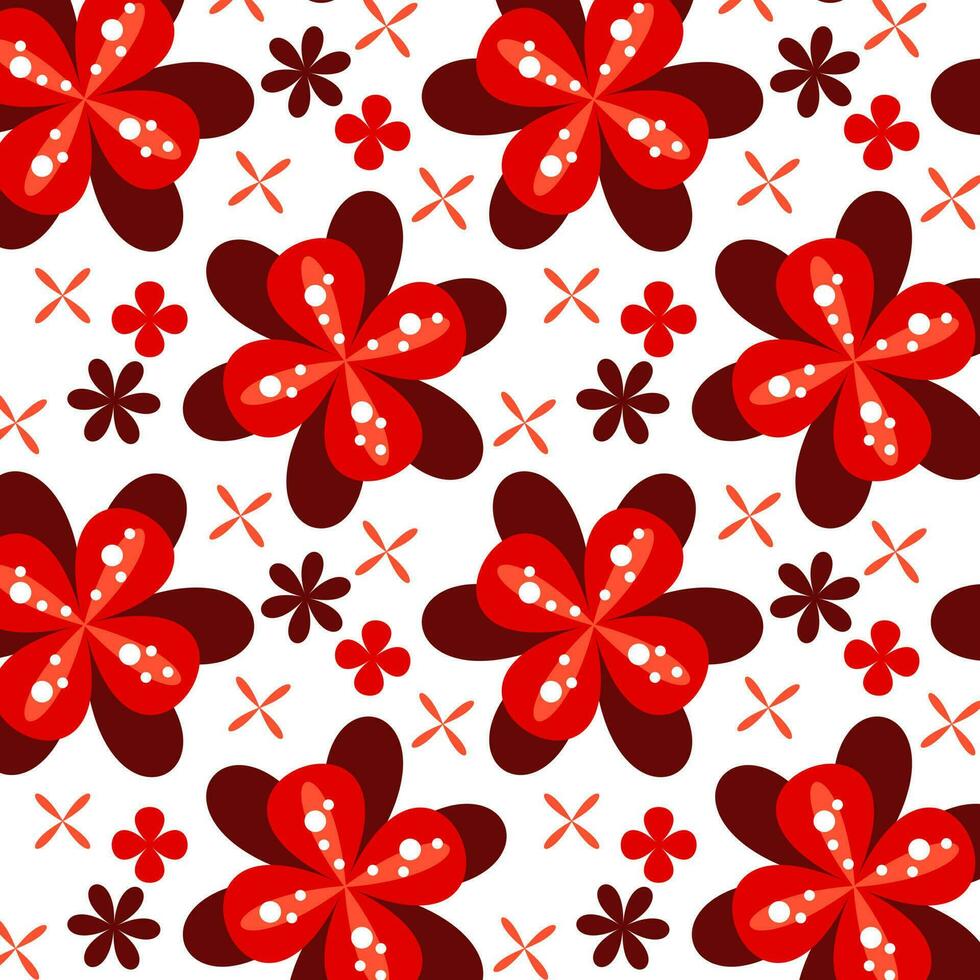 sencillo floral modelo de simétrico flores vector sin costura textura con simétrico colores y geométrico formas vistoso estilo retro ornamento en rojo grande y pequeño colores en un blanco antecedentes