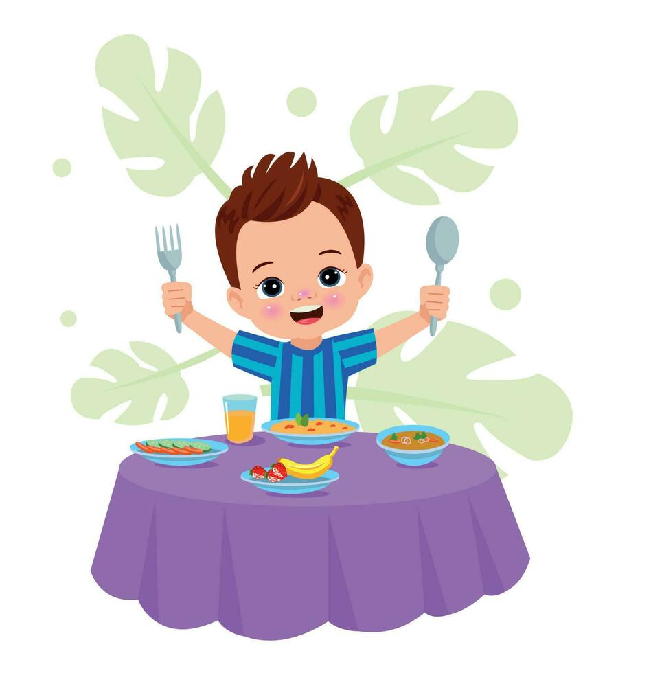 A boy is eating a meal with a fork and spoon. vector