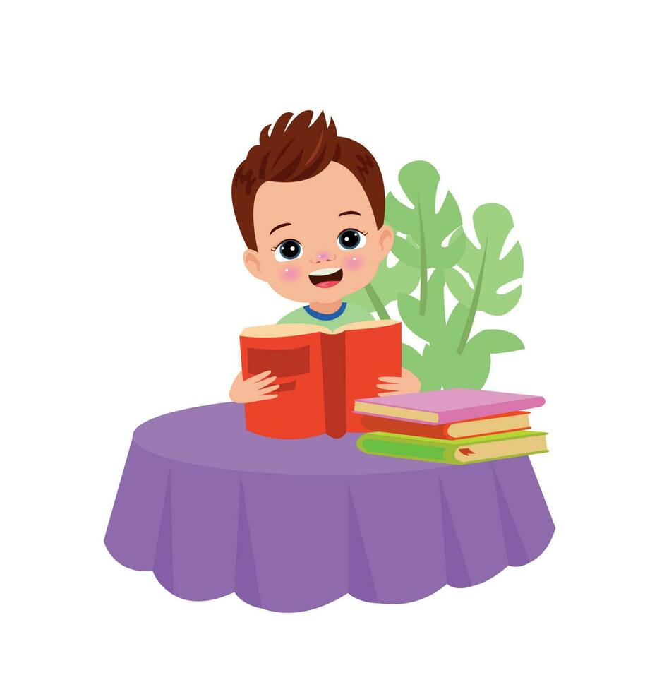 Little boy reading a book on a table vector