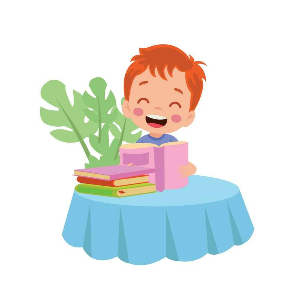 Little boy reading a book on a table vector