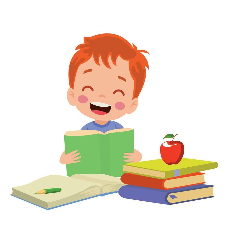 Little boy reading a book with a red apple on the table vector