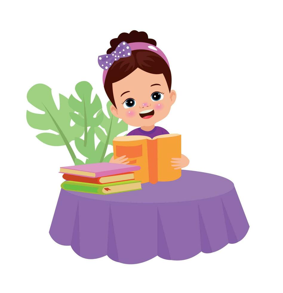 Little boy reading a book on a table vector