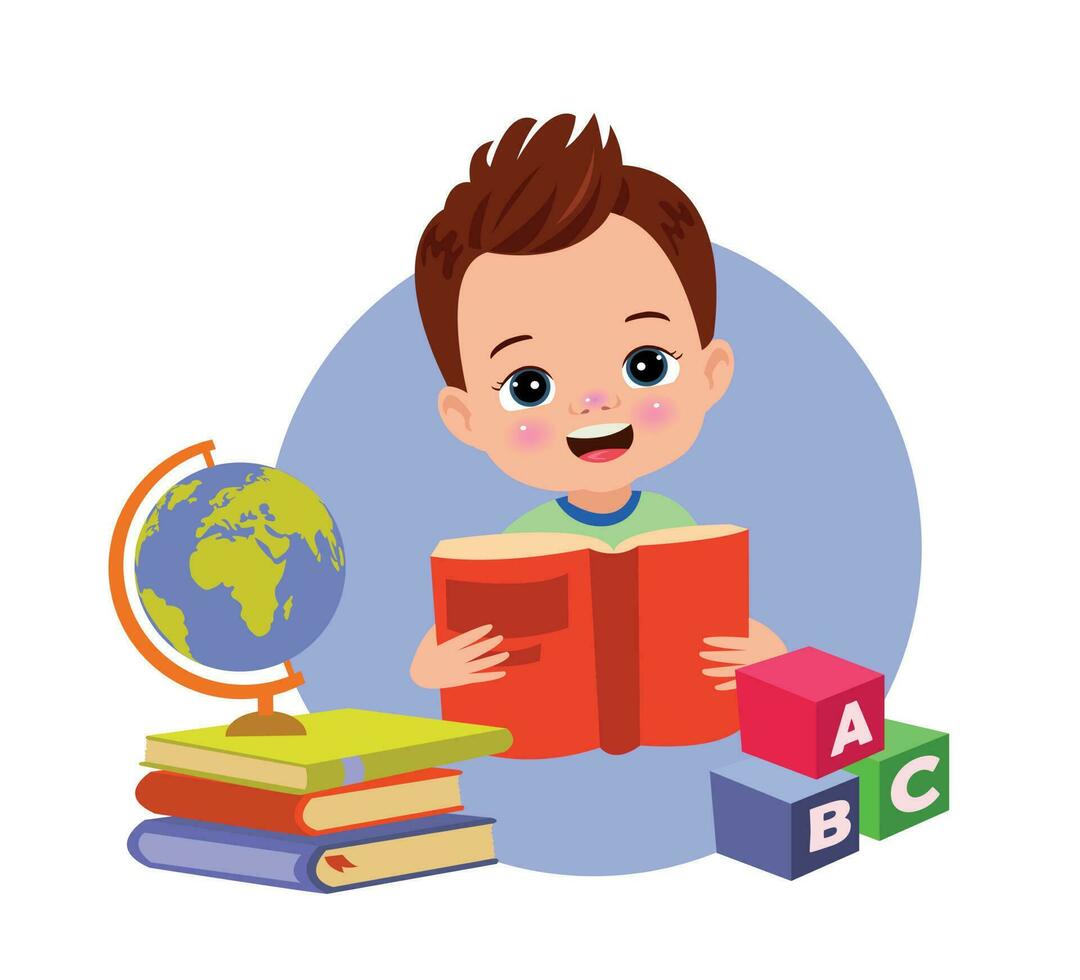 pequeño chico leyendo un libro y un apilar de libros con a B C letras en un blanco antecedentes. vector