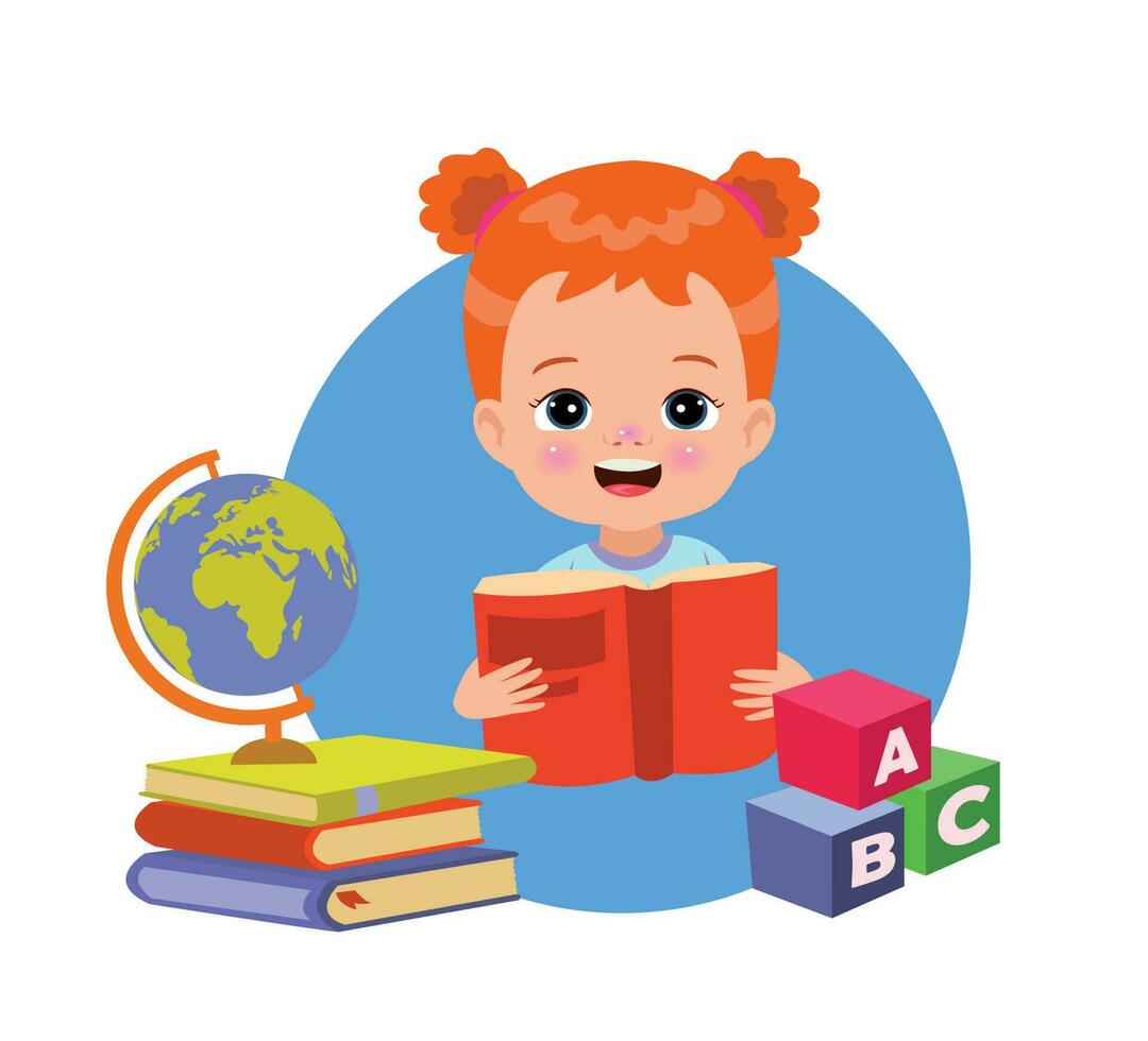 Little boy reading a book and a stack of books with abc letters on a white background. vector