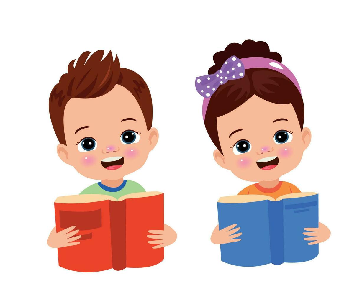 chico y niña leyendo un libro. vector