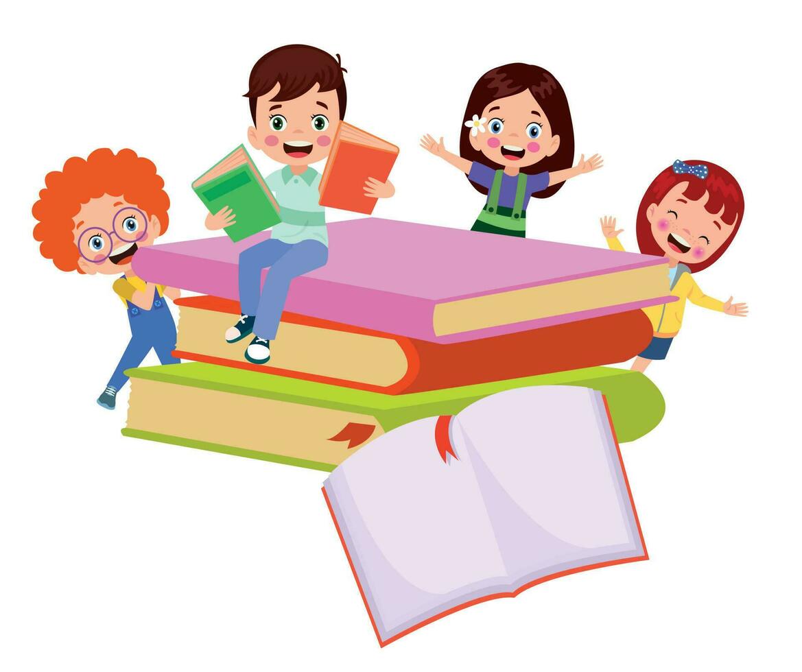 Children on a stack of books with a white paper in the middle vector