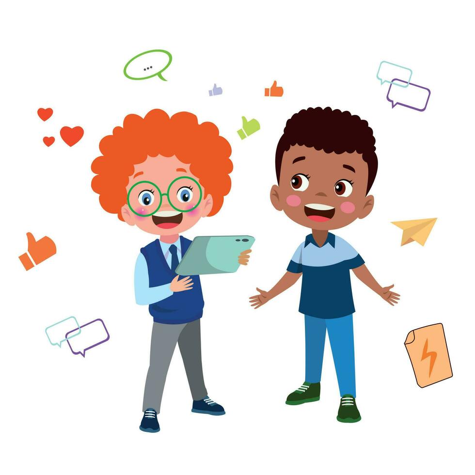 A boy holding a phone and a social media icons on a white background vector