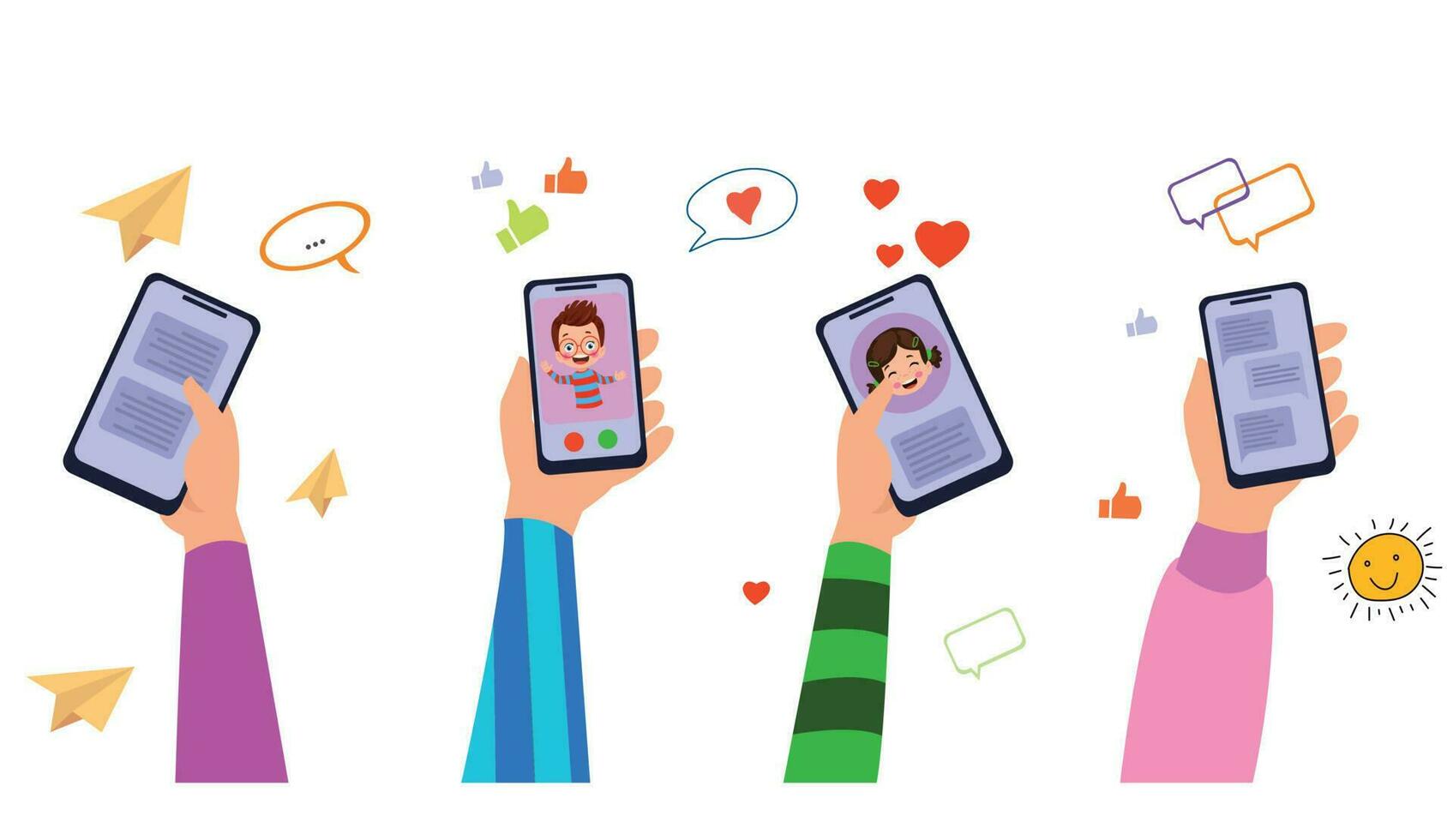 A cartoon of hands holding phones with a picture of a girl on the screen. vector