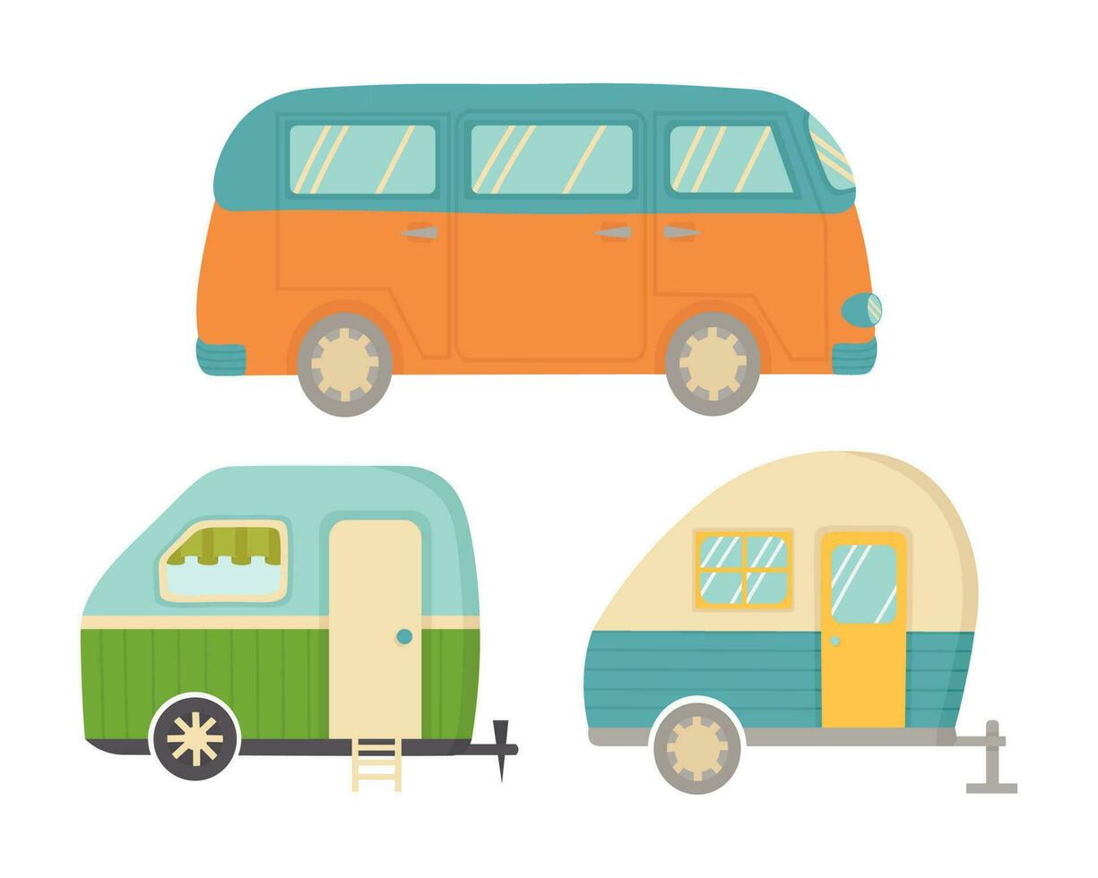 Doodle flat clipart. Travel car, trailer. All objects are repainted. vector
