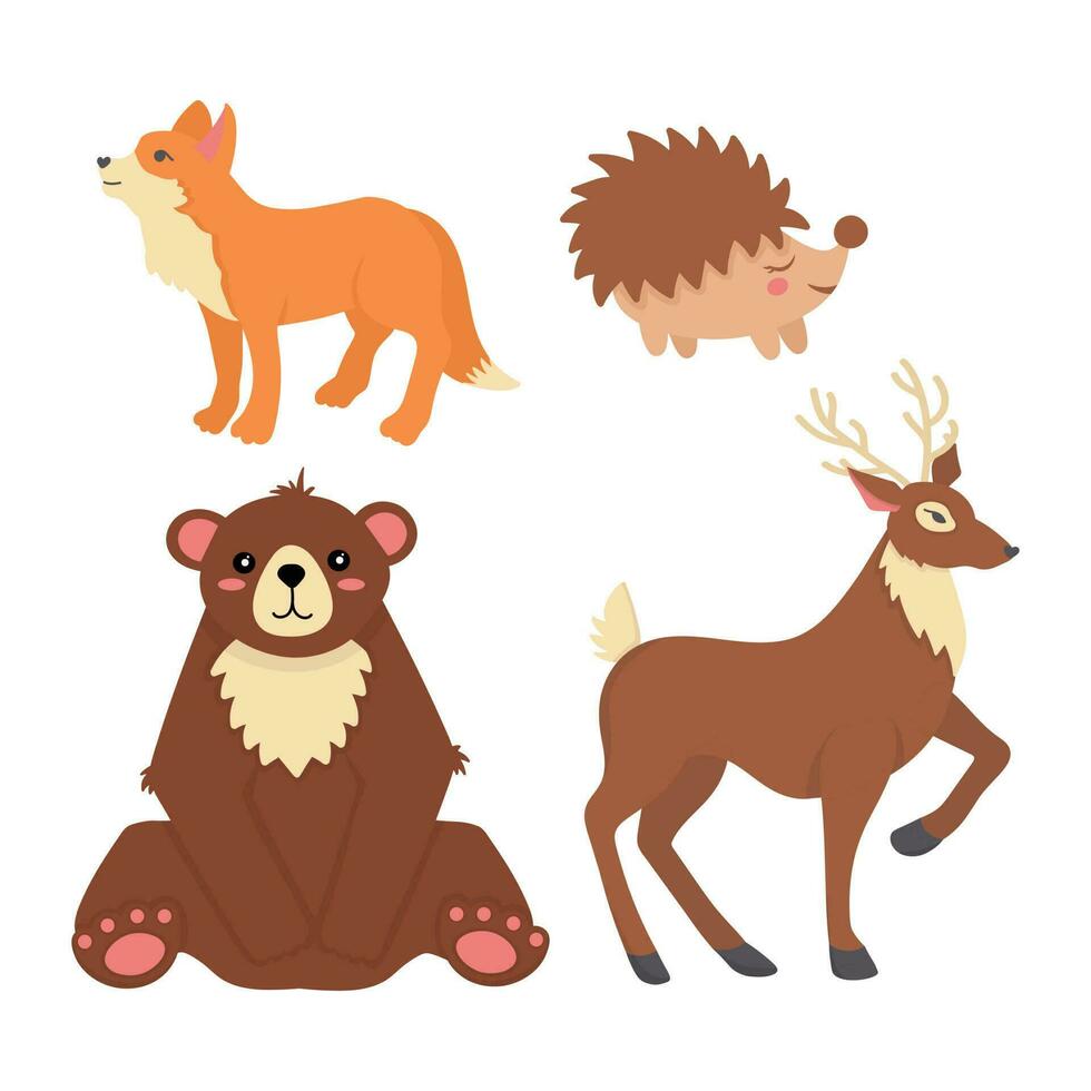 Doodle flat clipart. Set of wild animals. Hedgehog, fox, deer and bear. All objects are repainted. vector