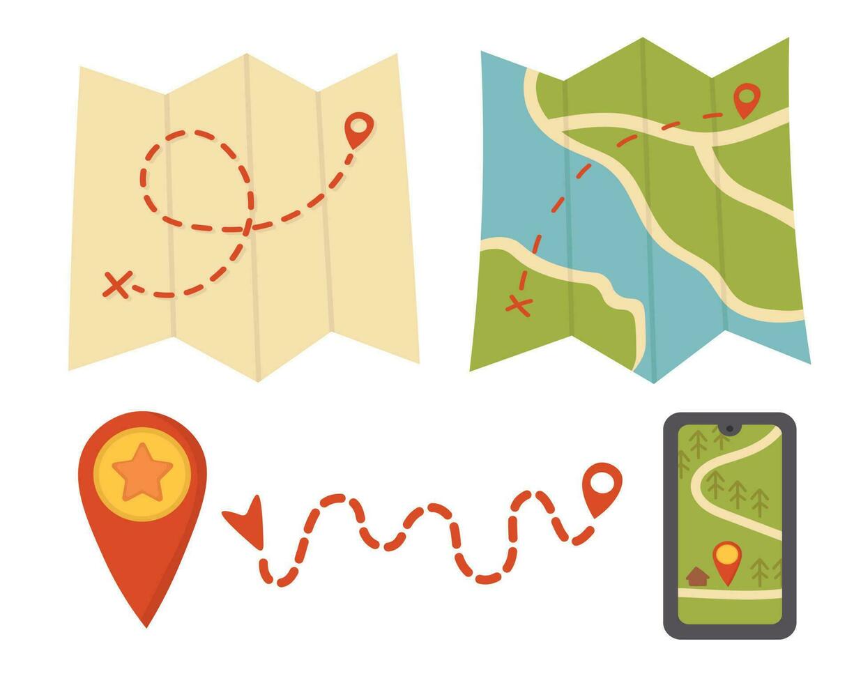 Doodle flat clipart. Traveler navigation set. All objects are repainted. vector
